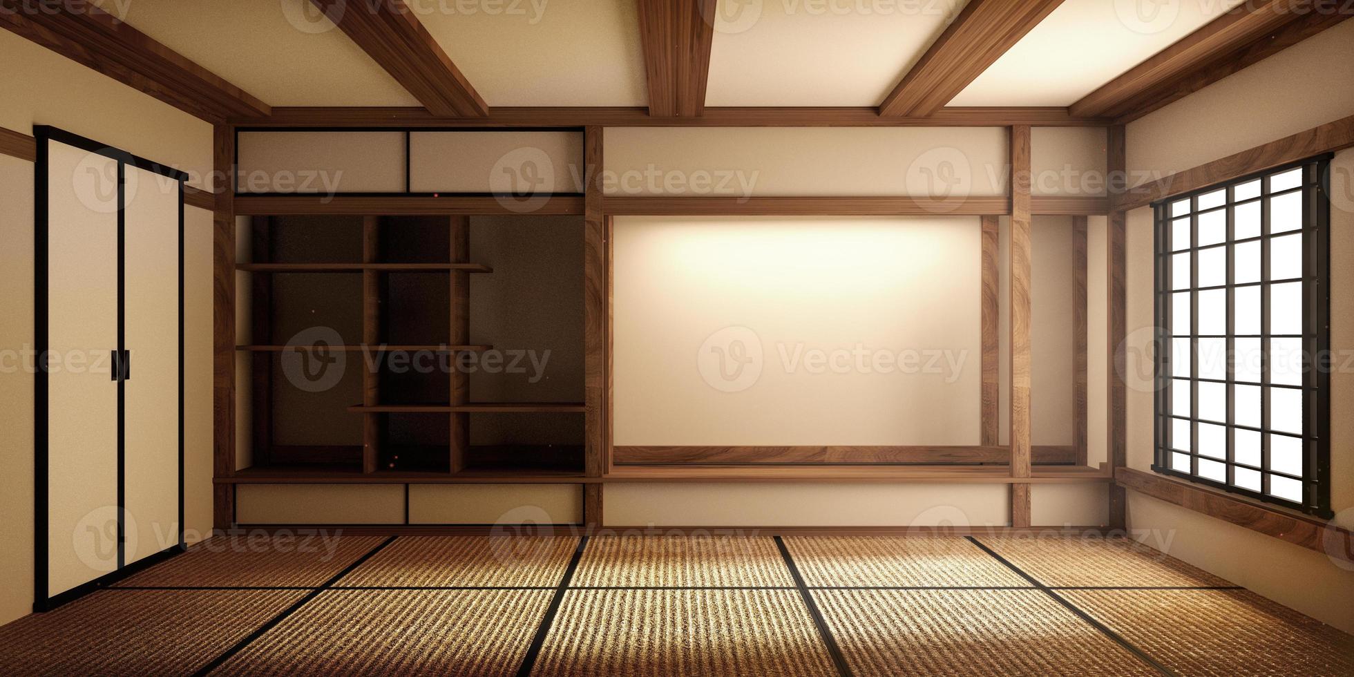 maqueta, alfombra de tatami de habitación vacía japonesa que diseña el más hermoso. Representación 3d foto