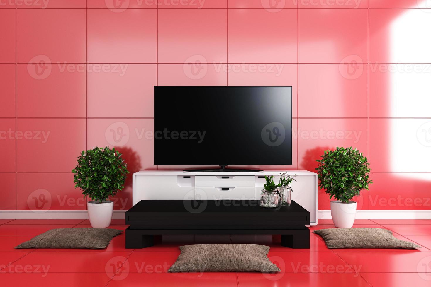 TV in modern living room,red tiles design colorful. 3D rendering photo