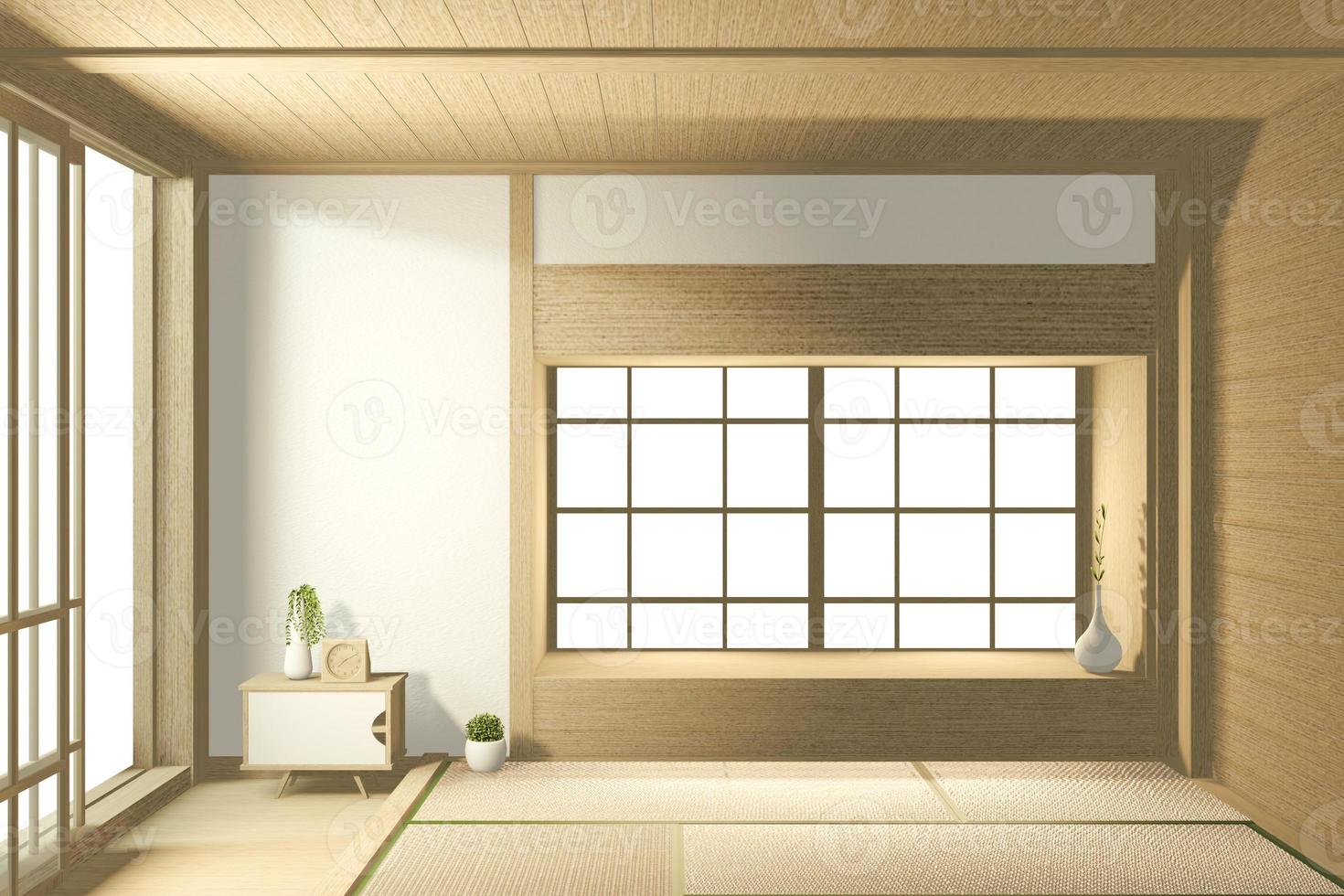 Habitación grande vacía estilo tropical japonés. Representación 3d foto