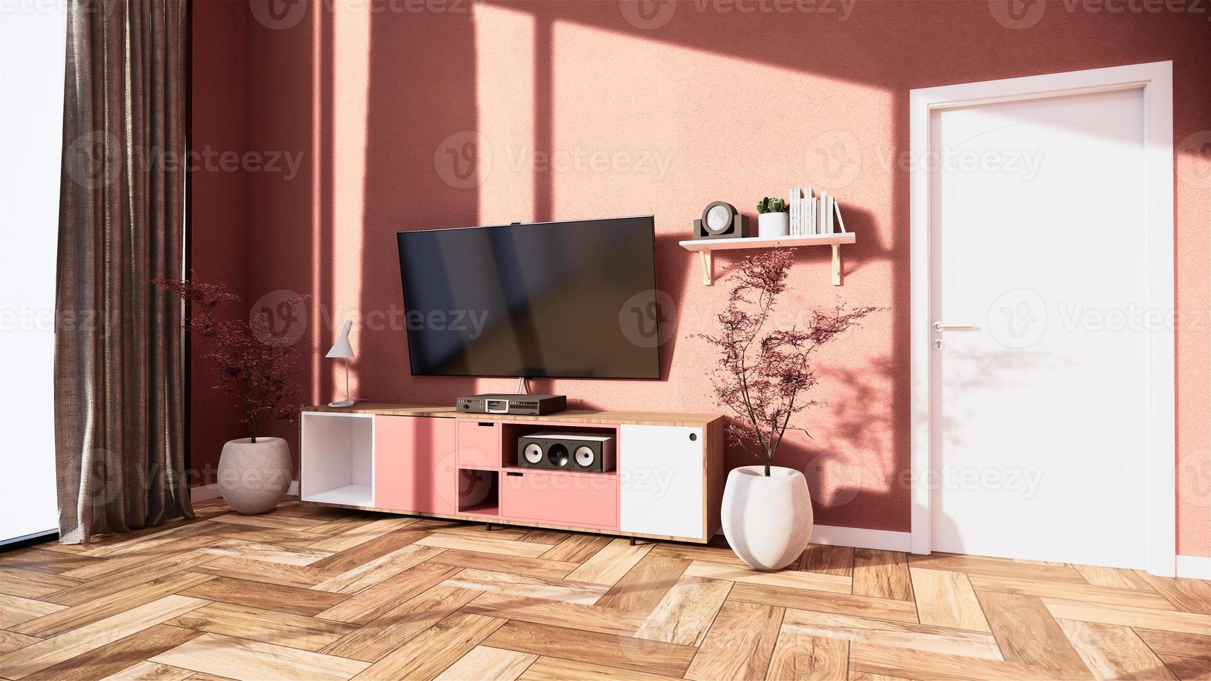 mueble de tv y pantalla interior japonés de sala de estar rosa sakura para editar. Representación 3d foto