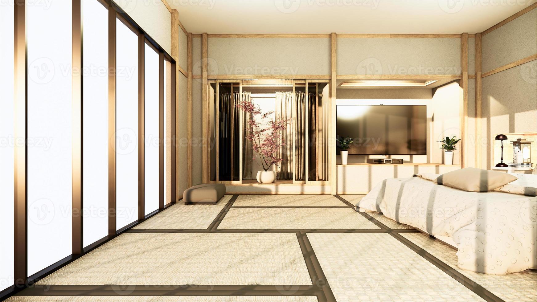 dormitorio tranquilo zen moderno. Dormitorio de estilo japonés con estante, diseño de pared, luz oculta y decoración, estilo nihon, representación 3D. foto