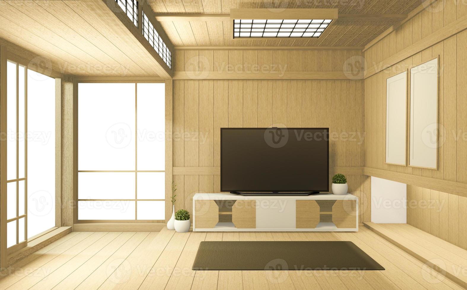 Mueble de tv en habitación tropical vacía estilo japonés - zen, diseños minimalistas. Representación 3d foto