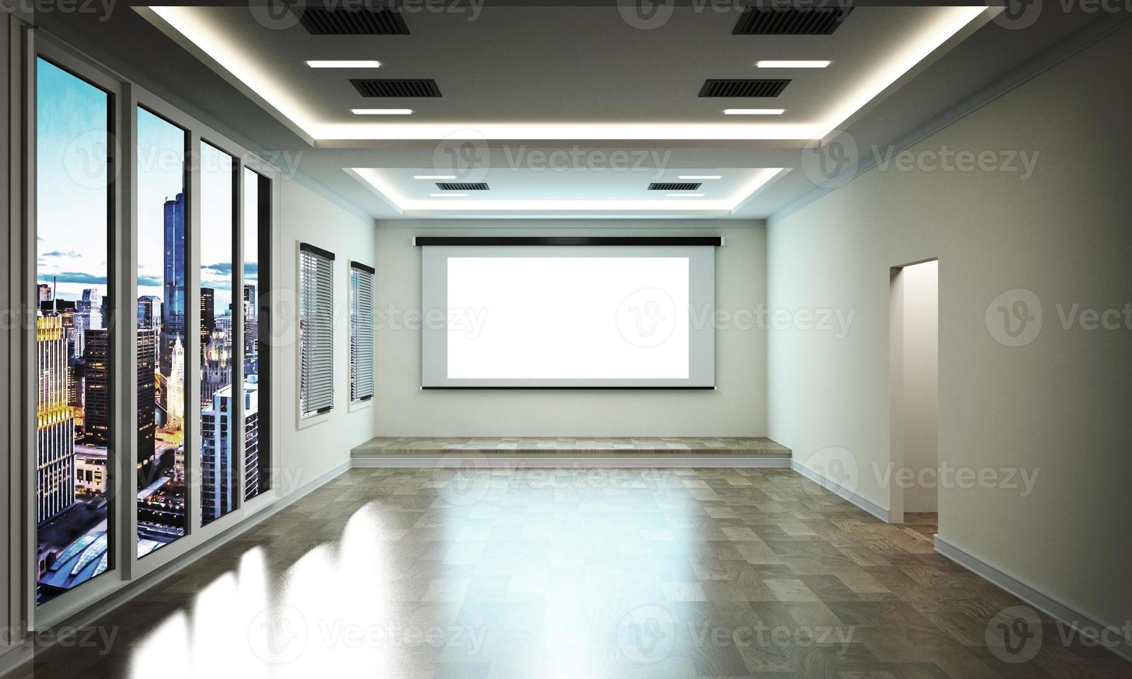 Office in modern style on wooden floor, city view. 3D Rendering photo