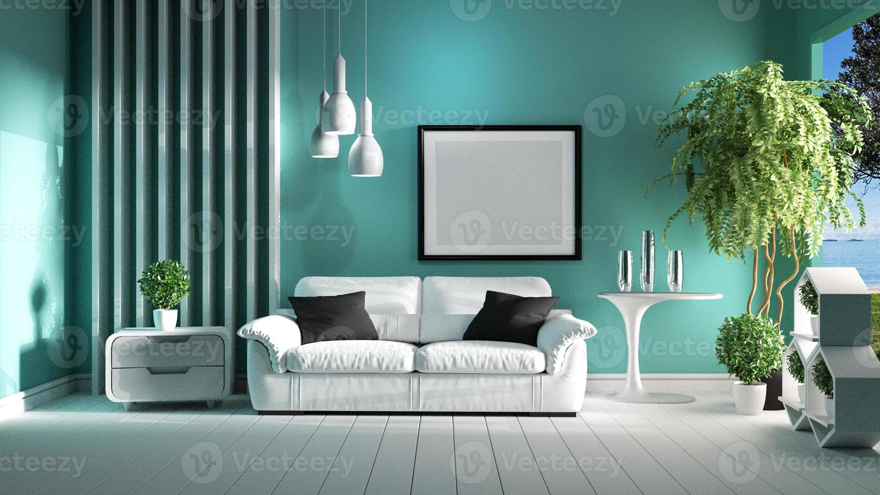 Mint wall on white floor - room empty. 3D rendering photo