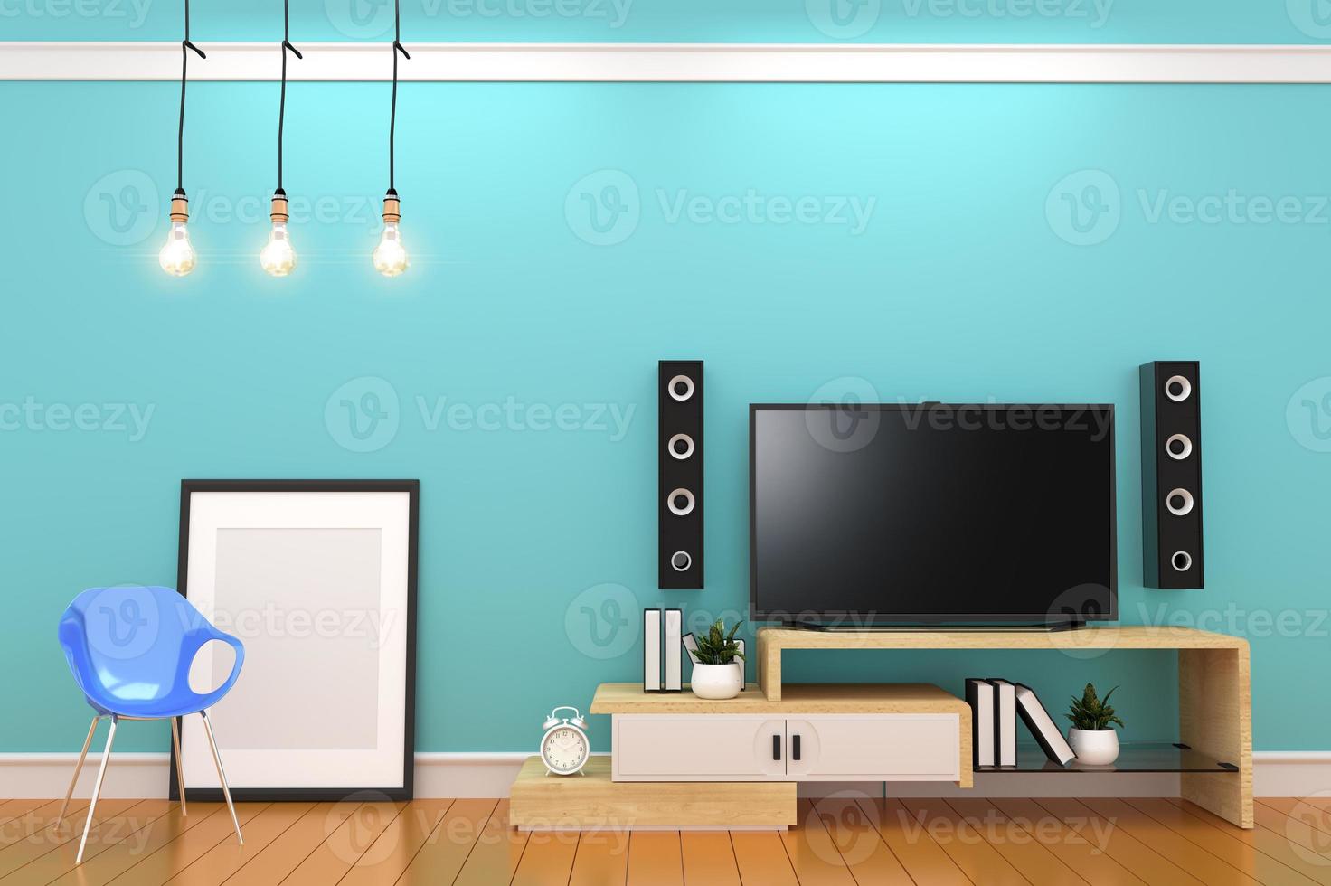 Mint wall on orange floor with smart tv on carbines, frame and lamp design. 3D rendering photo