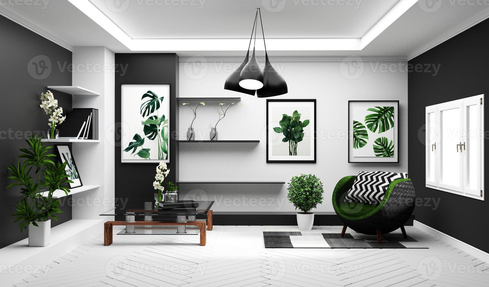 Modern Tropical living room interior with sofa and green plants,lamp,table on white and black wall background. 3d rendering photo