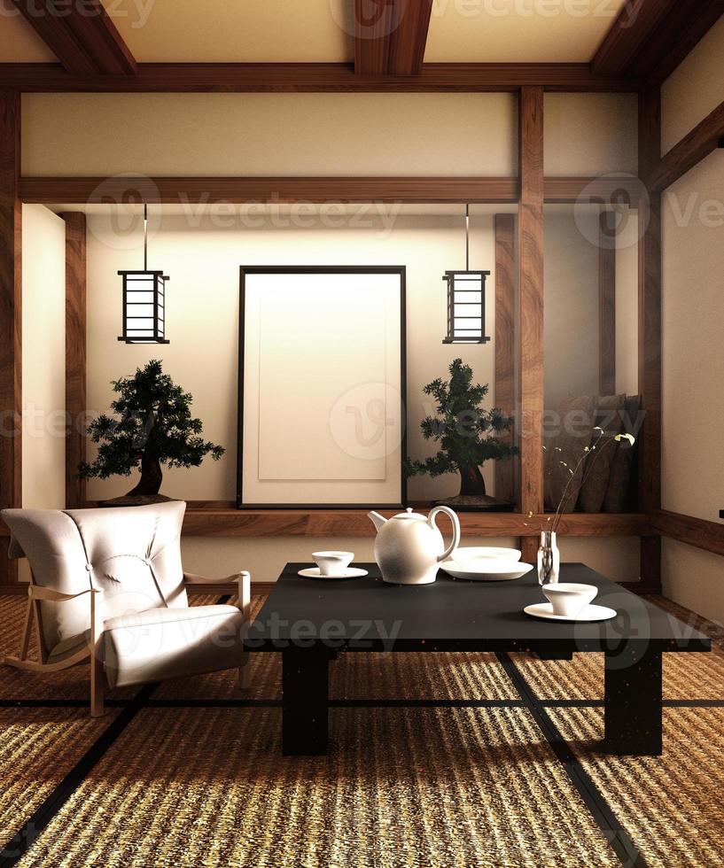 maqueta, diseñada específicamente en estilo japonés, sala de estar. Representación 3d foto