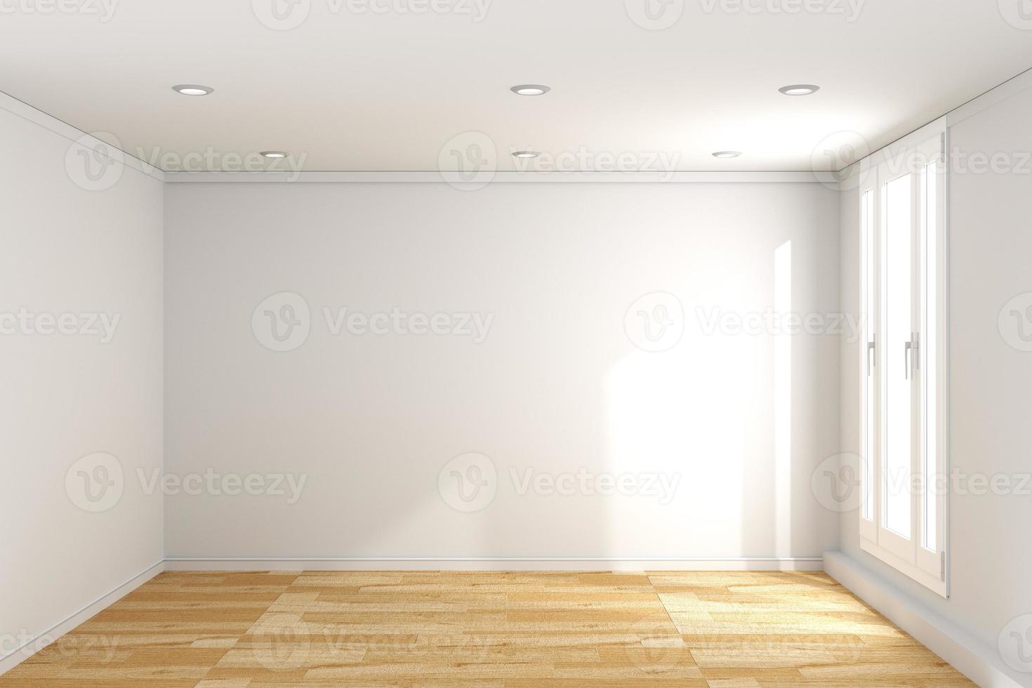 empty room interior with wooden floor on white wall background. 3D rendering photo