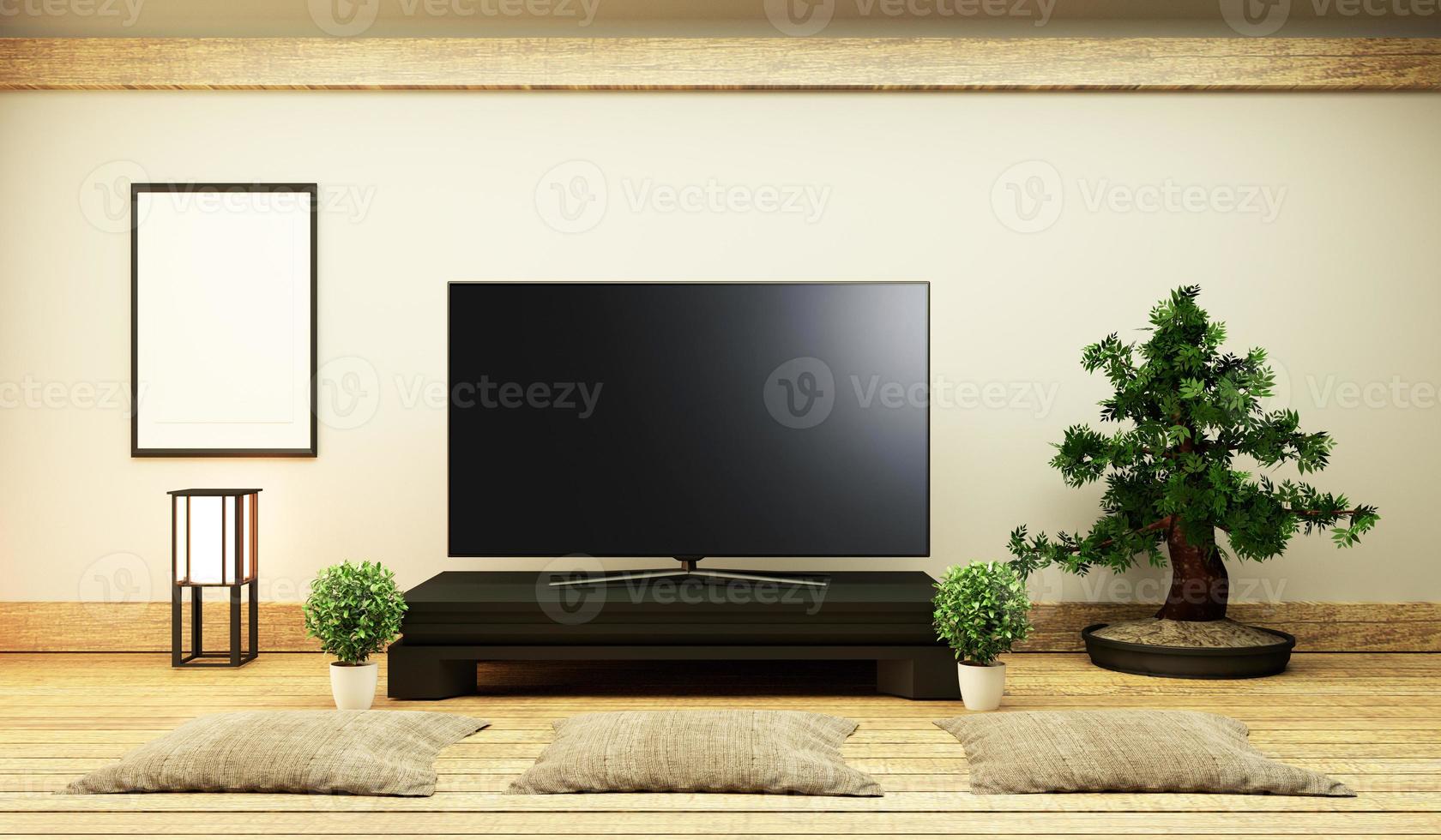 TV Japan - Smart TV on low table in room Japanese style with lamp and bonsai tree. 3D rendering photo