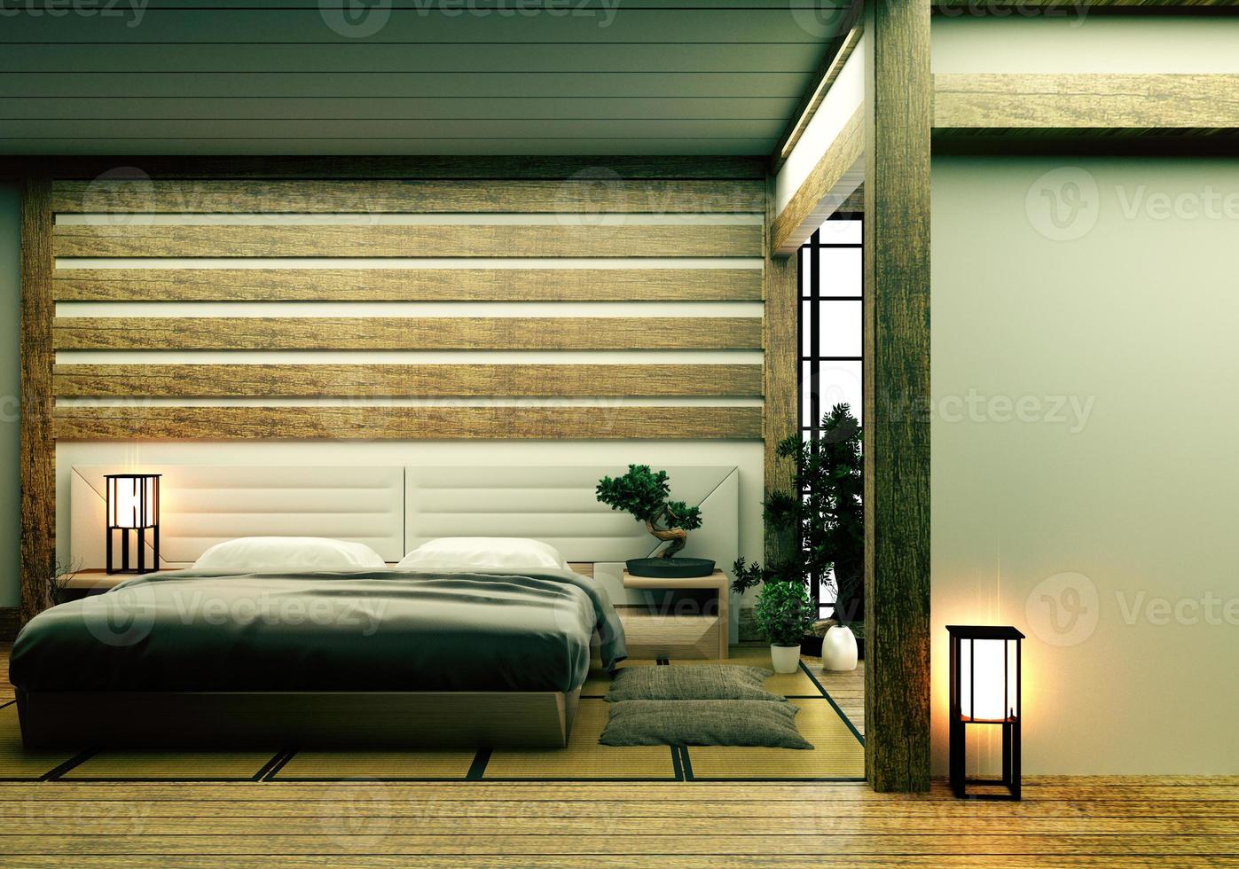 Diseño de interiores de habitación de cama japonesa. Representación 3d foto