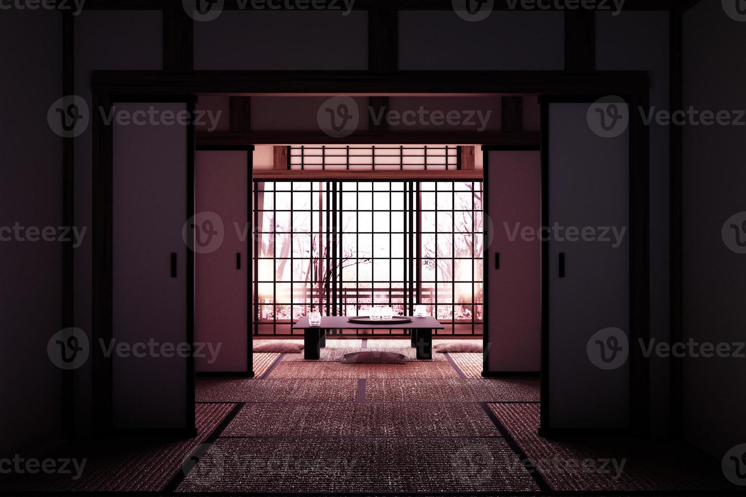 diseño original - interior de la habitación con ventana con vista al árbol de sakura, estilo japonés. Representación 3d foto