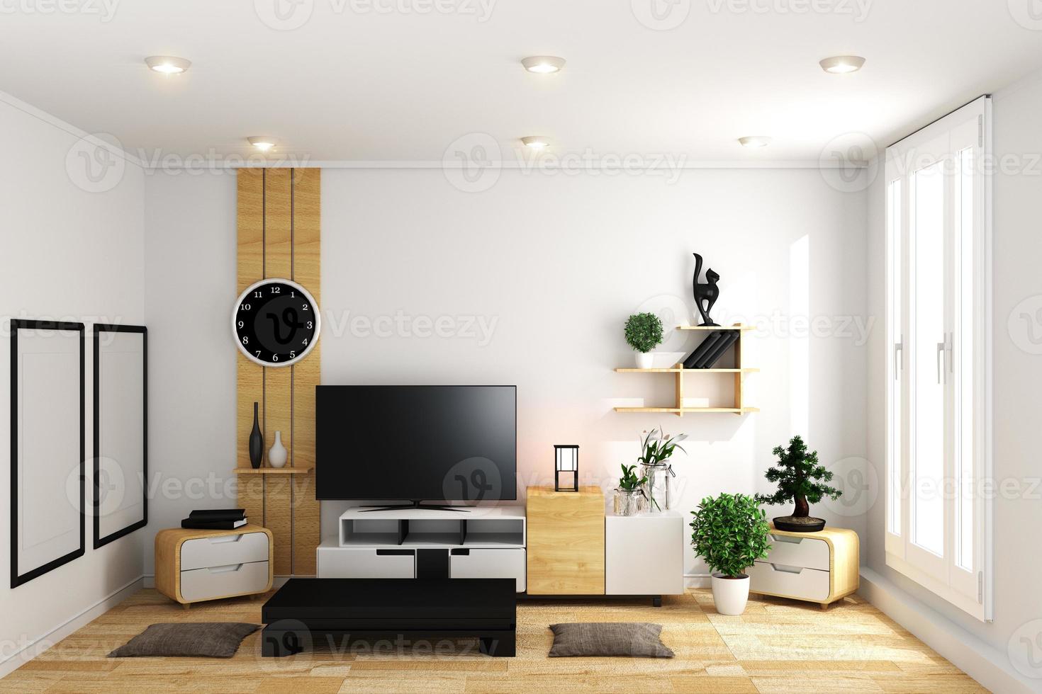 Smart TV en el interior de la habitación vacía blanca moderna diseños minimalistas - estilo japonés. Representación 3d foto