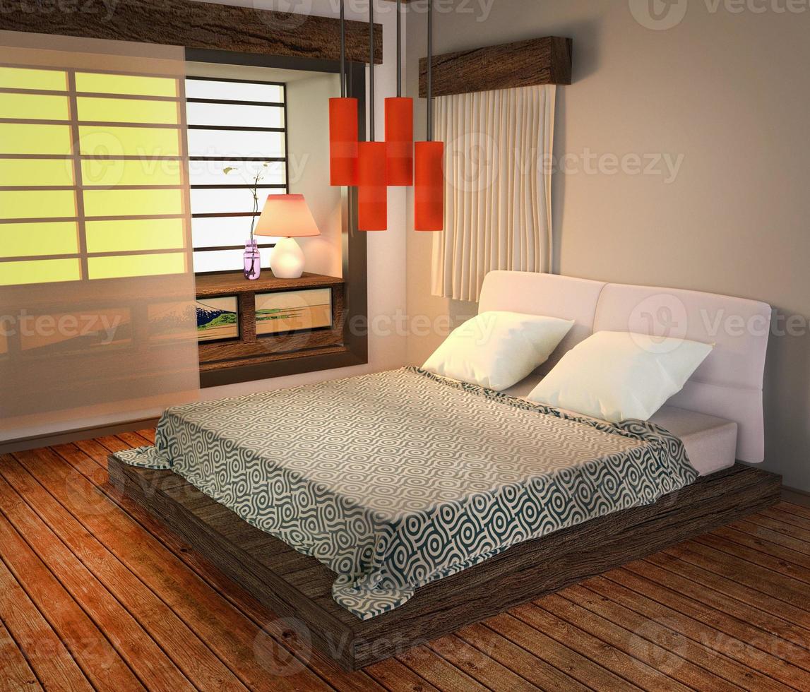 Inside the bedroom - Japanese style, wooden floor on white wall background. 3D rendering photo