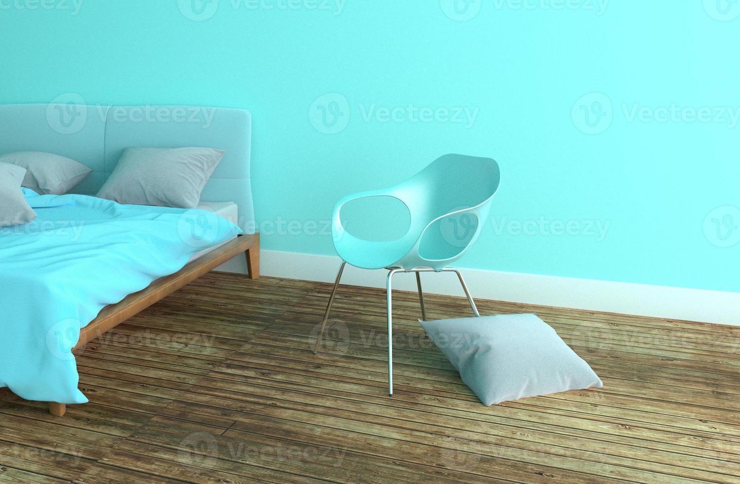 Bed Room Interior with blue bed and pillow with blue chair, wooden floor on blue wall background. 3D rendering photo