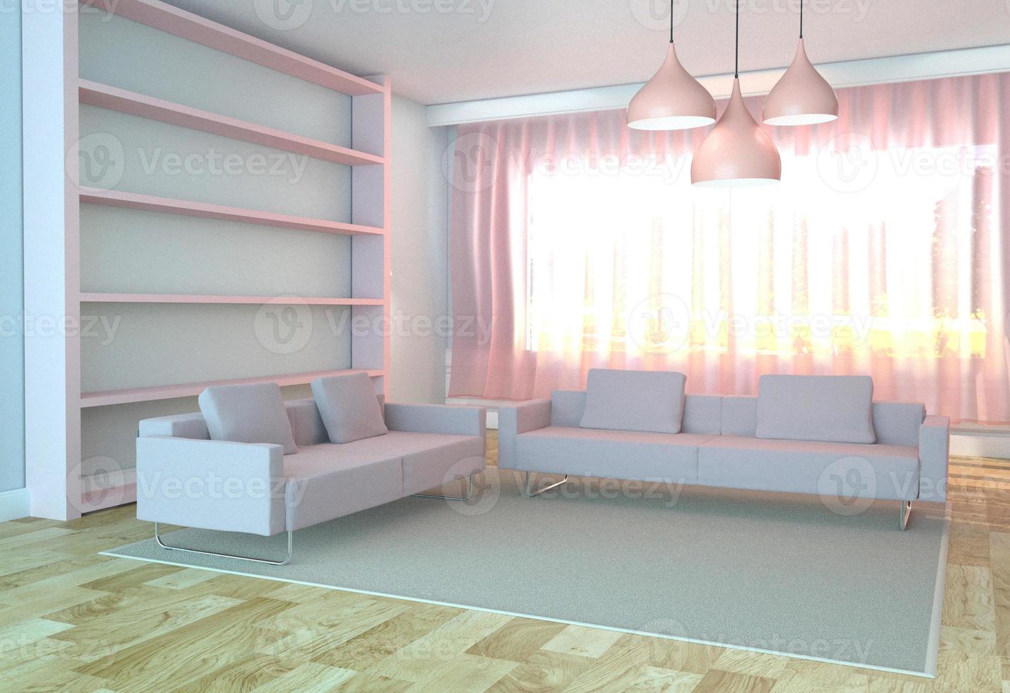 Living Room Interior with sofa and carpet, pink style, wooden floor on white wall background. 3D rendering photo
