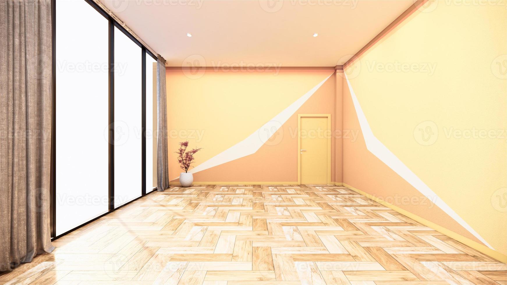 empty room with geometric wall design yellow orange and brown on woodenfloor. 3D rendering photo