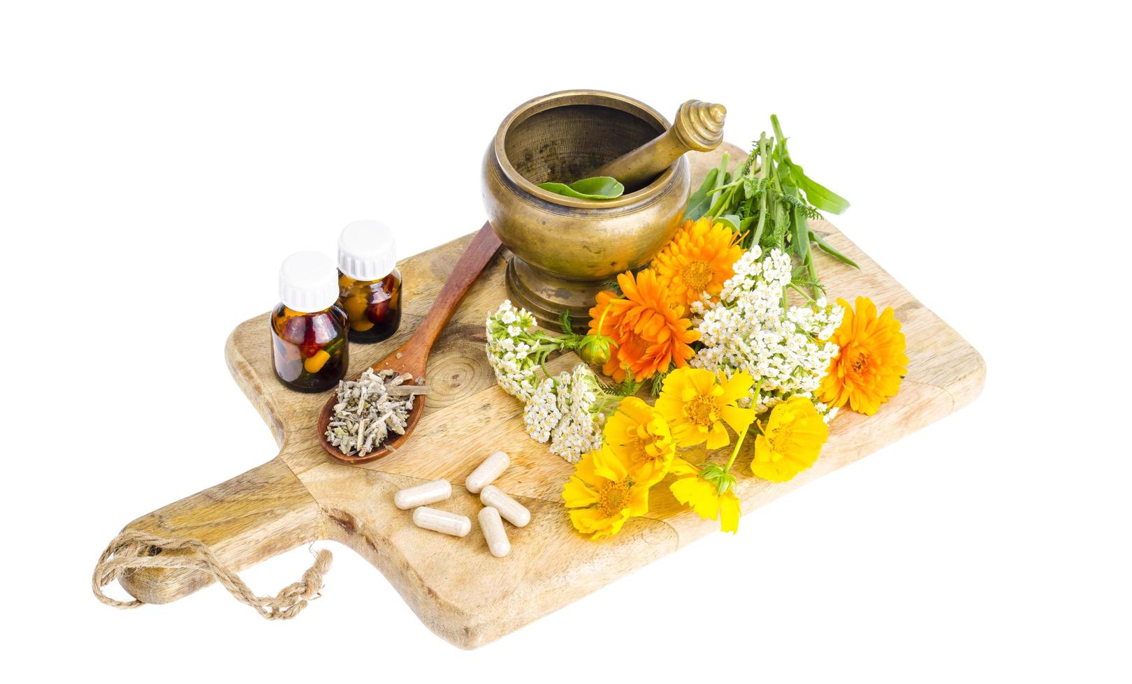 Traditional medicine concept, medicinal plants and herbal capsules photo