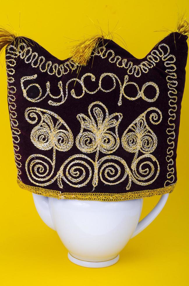National uzbek handicraft embroidery fabric. Studio Photo