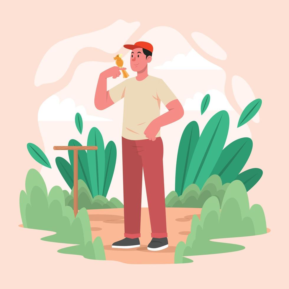 un hombre y su pájaro en el parque. vector