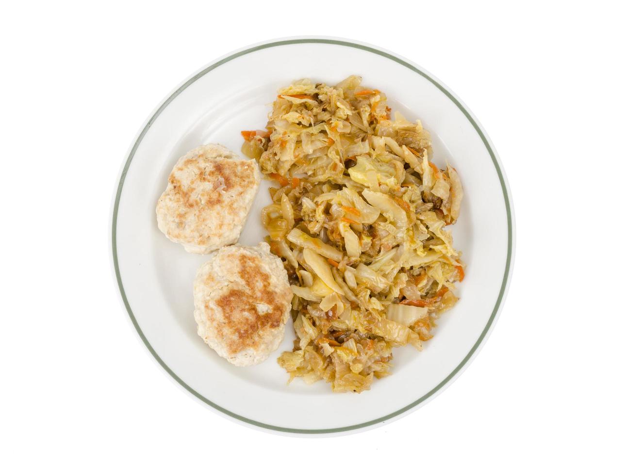 Plate with meat patties and stewed cabbage isolated on white background. photo