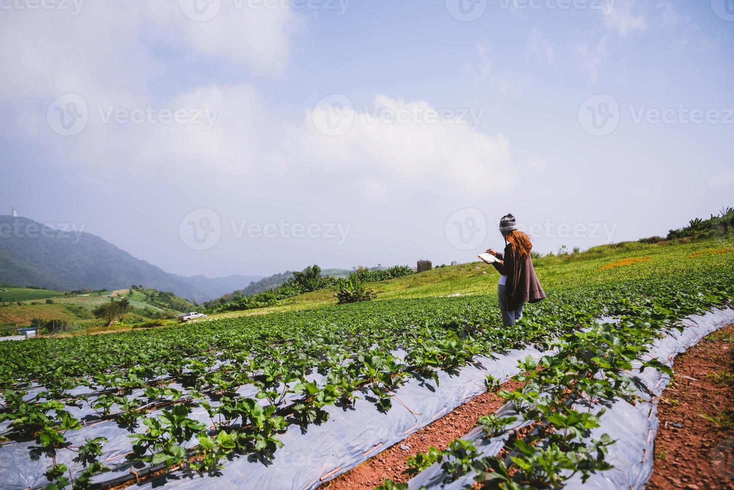 naturaleza de viaje de mujer asiática. viajar relajarse. niña leyendo un libro en el huerto. educación de la naturaleza escribir una nota en el jardín de fresas. tailandia foto