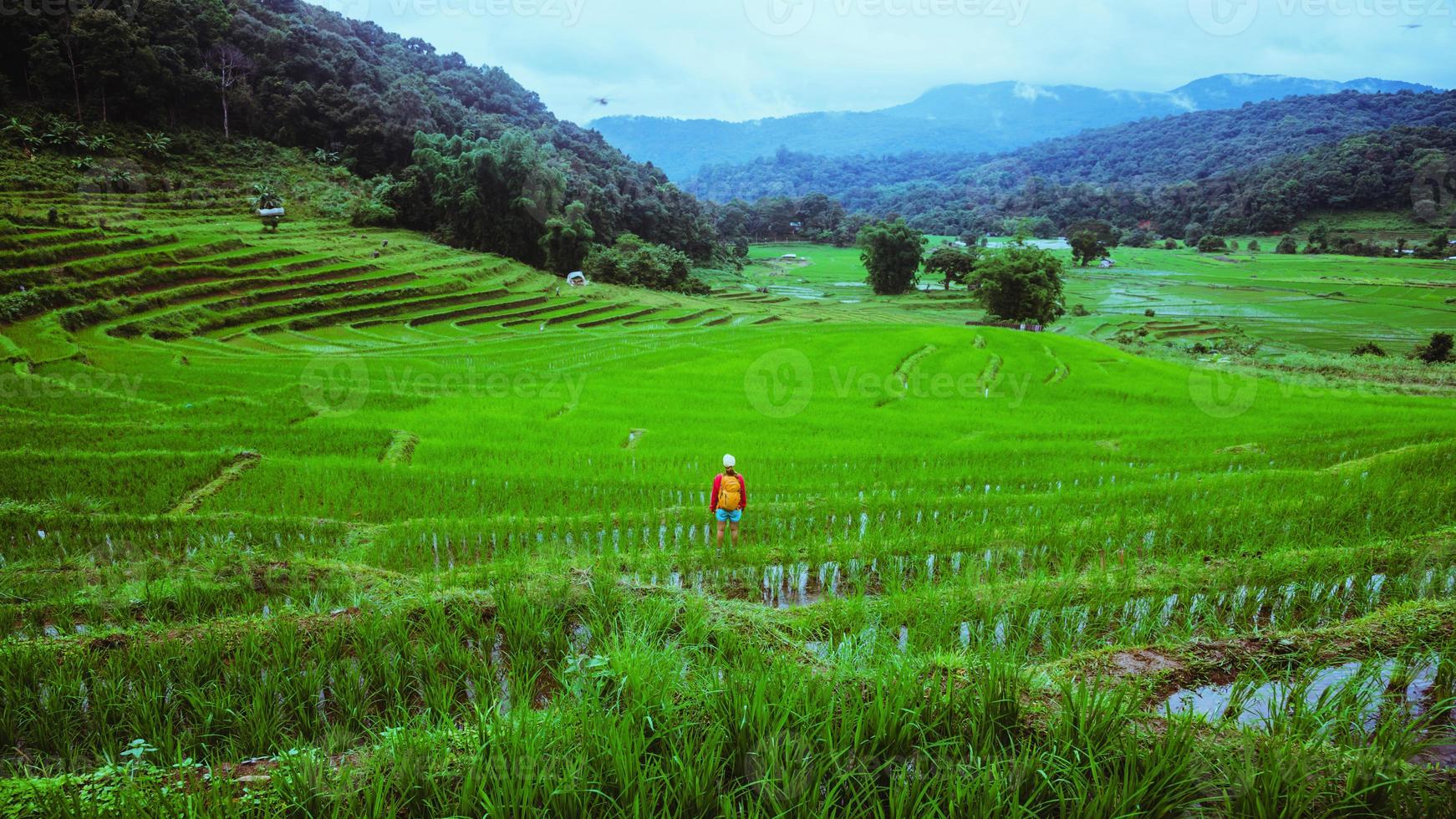libertad mujer viajera naturaleza. viajar relajarse. caminar tomar una foto de los campos de arroz. temporada de lluvias en chiang mai, tailandia. mochila de viaje