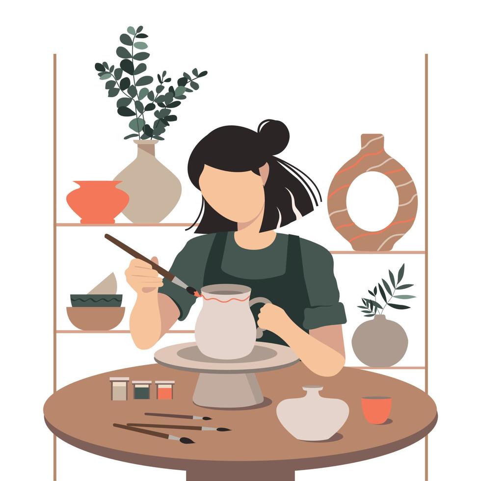 Woman decorating pot working at ceramic studio. vector