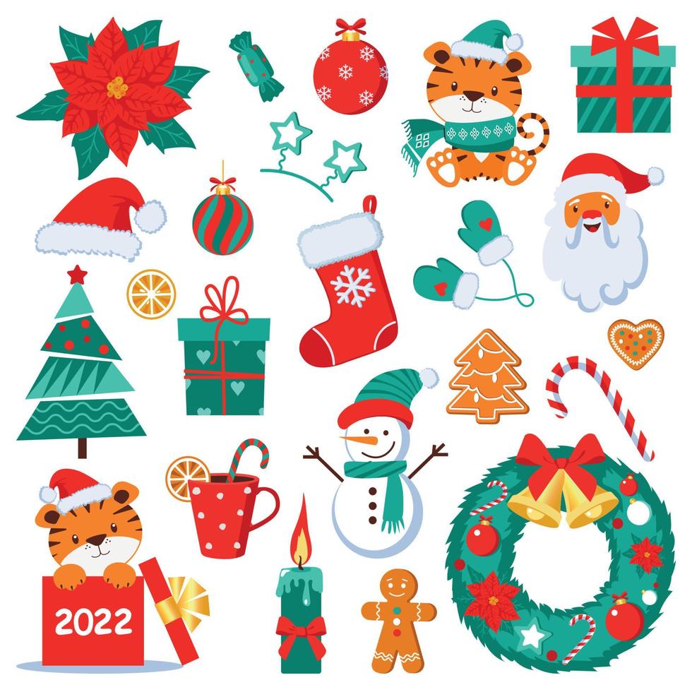 Set of Christmas elements. Color vector elements. Illustration for happy new year decor.