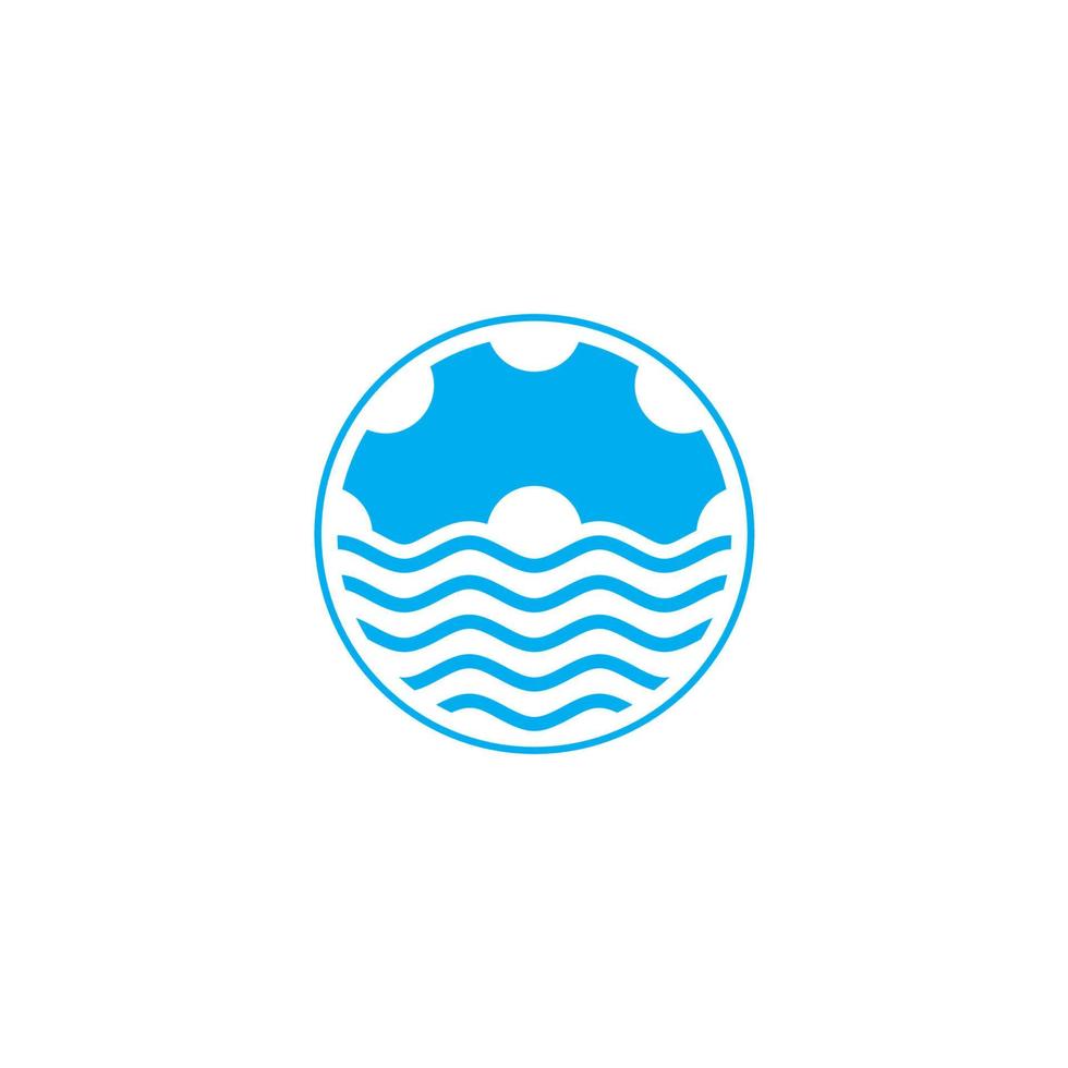 símbolo de la máquina de engranajes, vector de logotipo de diseño de onda de agua oceánica