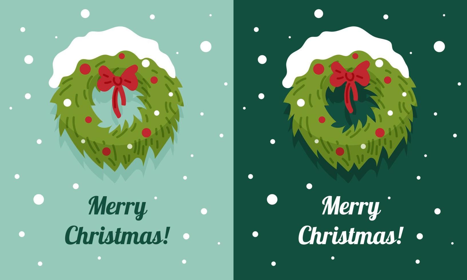 Postcard with a Christmas wreath and snow in cartoon style. Merry Christmas. vector