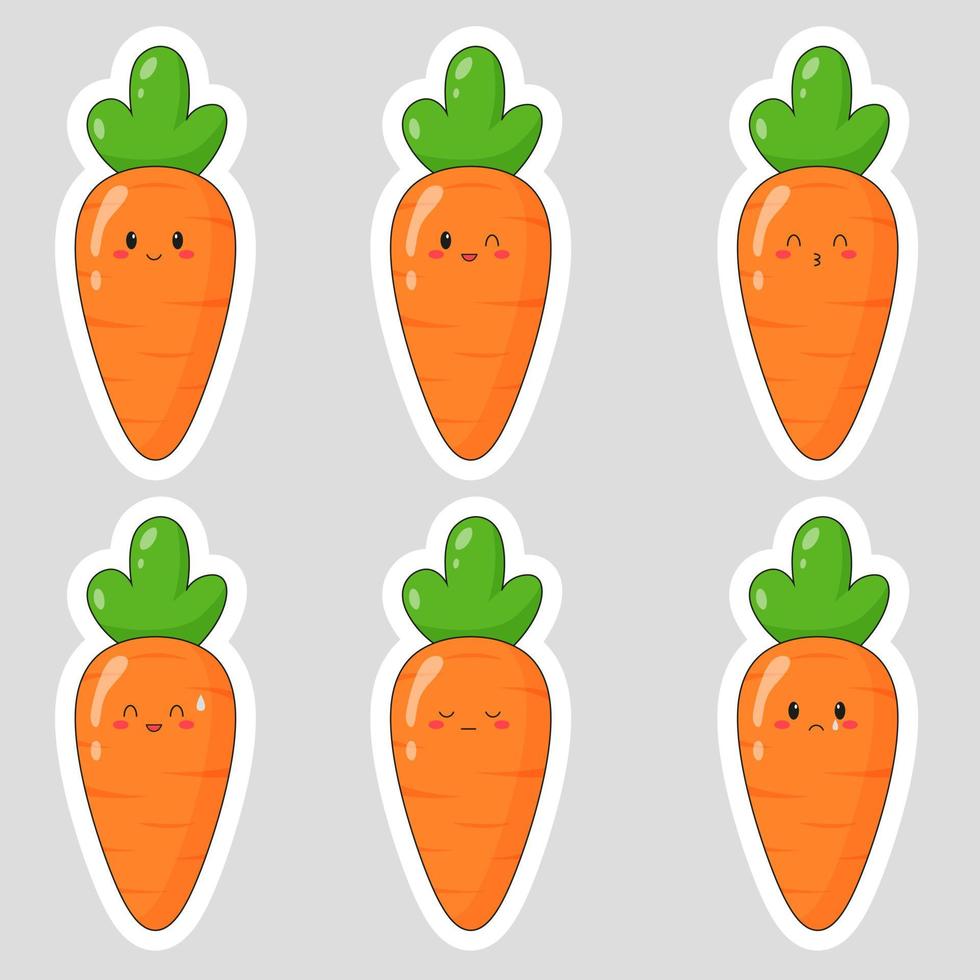 Set of stickers with cute cartoon carrot. Carrot emoji with different emotions. Flat vector illustrations.