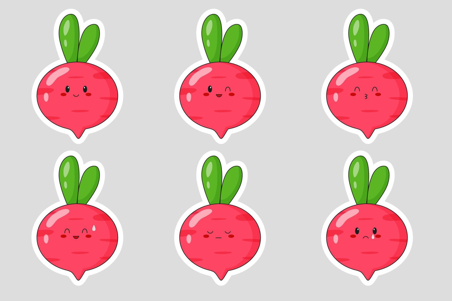 Set of stickers with cute cartoon radish. Radish emoji with different emotions. Flat vector