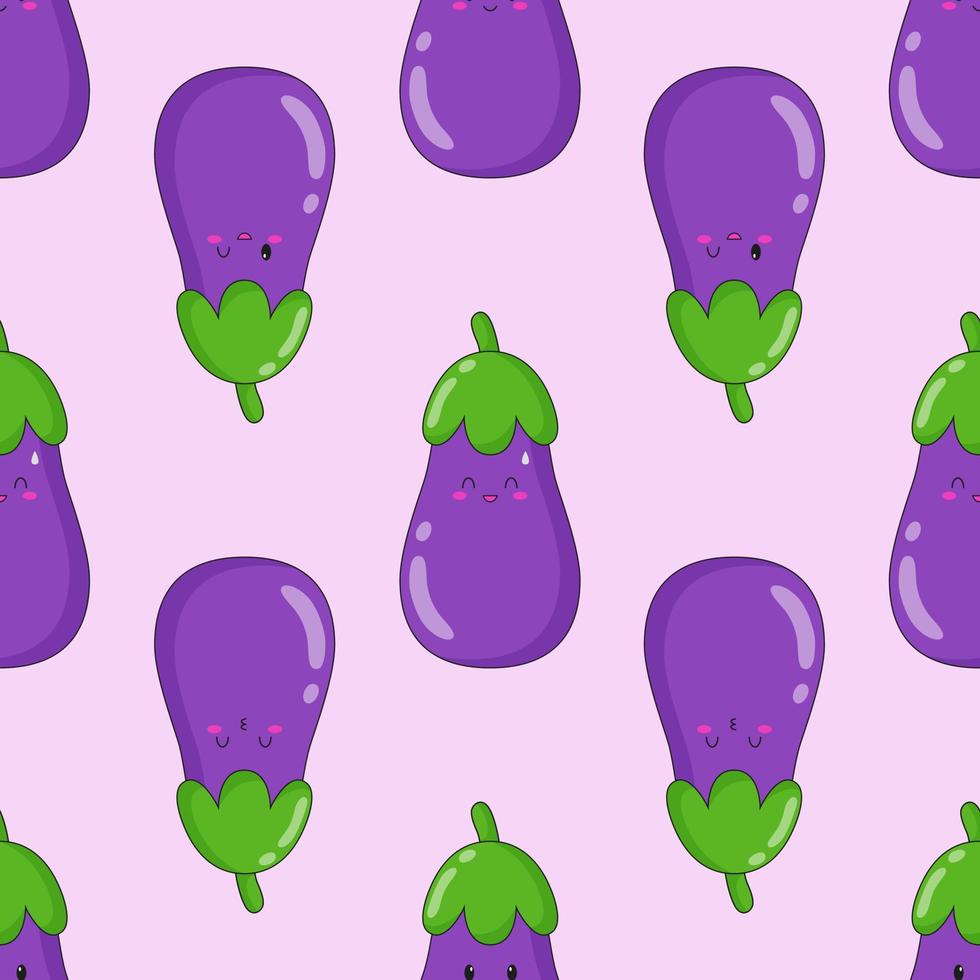 Seamless pattern of cute kawaii eggplant. Vegetable print with different emotions of eggplant. Flat vector illustration.