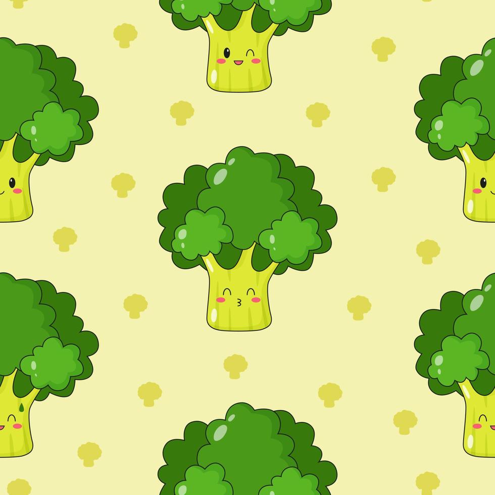 Seamless pattern of cute kawaii broccoli. Vegetable print with different emotions of broccoli. Flat vector illustration.