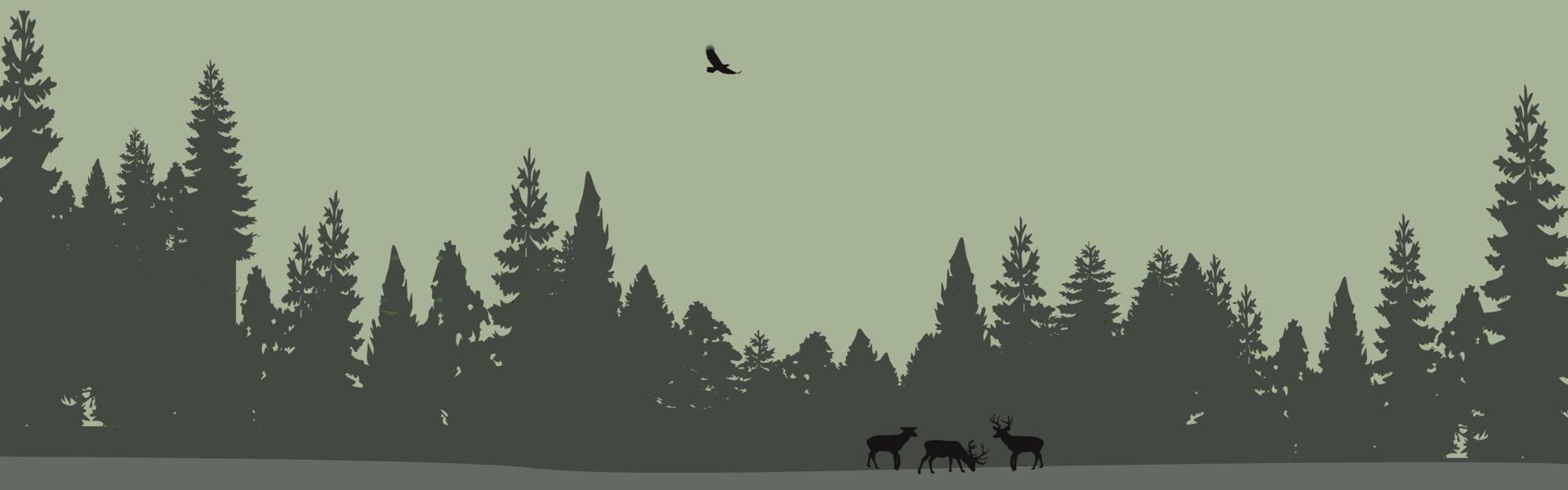 Herd of deer in the natural forest. Wild animals. Mountains horizon hills silhouettes of trees. Evening Sunrise and sunset. Landscape wallpaper. Illustration vector style. Colorful view background.