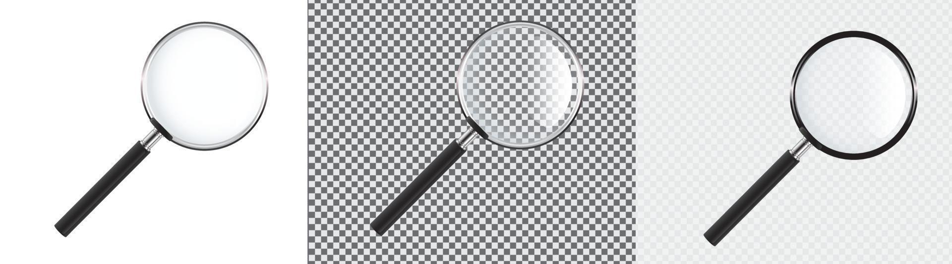 Realistic Magnifying glass set. 3D vector magnifying glases with shadow on a transparent background, stock vector.