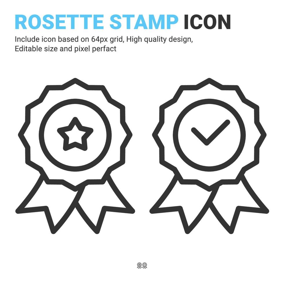 Rosette stamp icon in line style isolated on white background. Vector illustration of concept icon symbol sign for certificate, guarantee, industry, warranty, apps, web and project. Editable Stroke