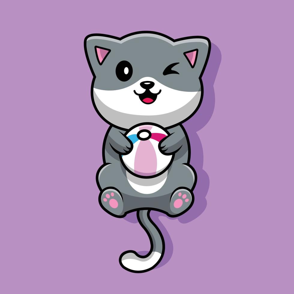 Cute Cat Playing Ball Vector Icon Illustration