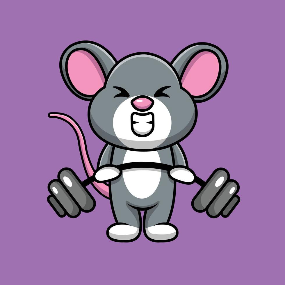 Cute Mouse Lifting Barbell Cartoon Vector Icon Illustration
