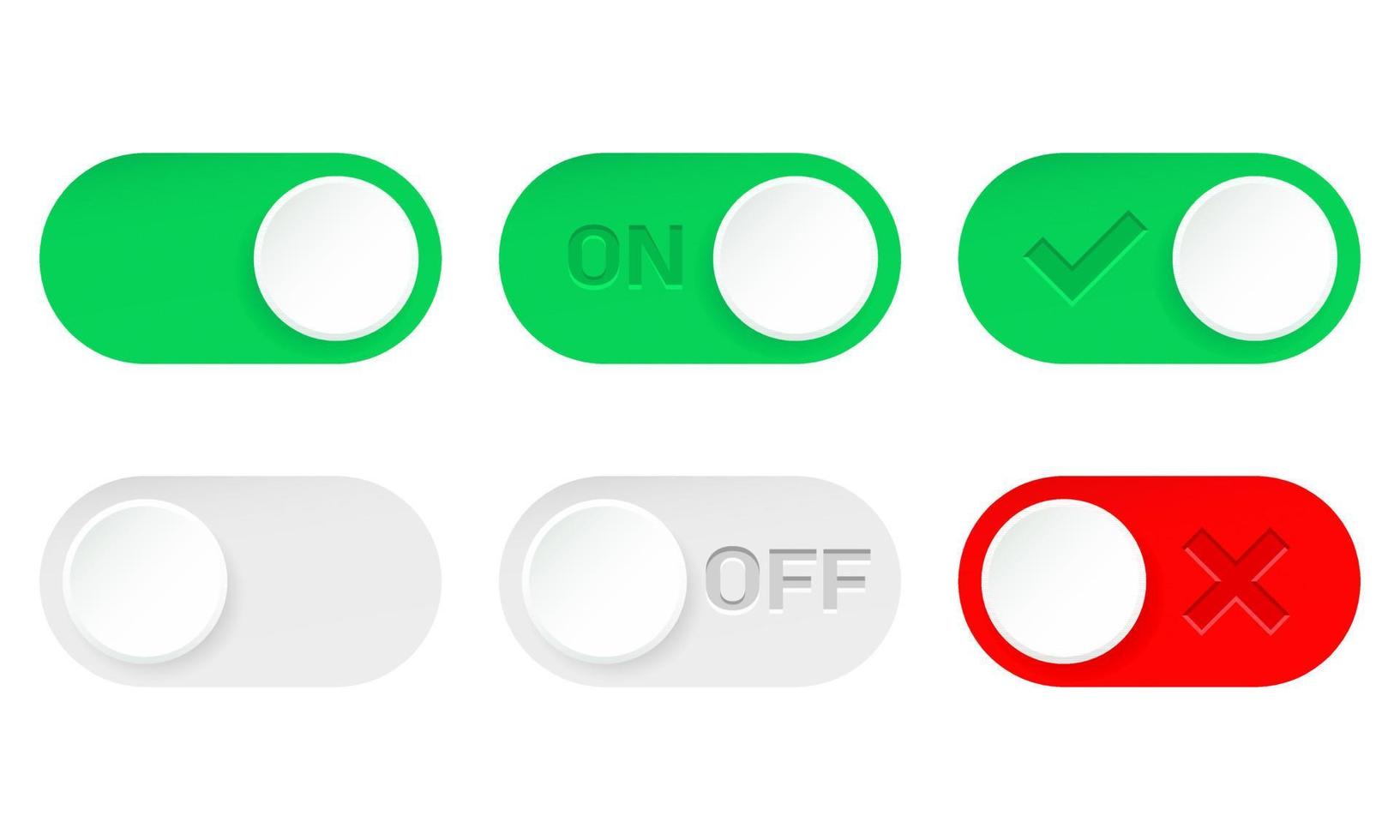 Vector illustration of on and off slider button. Suitable for design element of app user interface. Modern green, grey and red slider button.