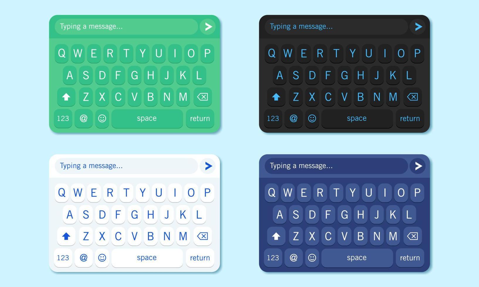 Vector illustration of virtual keyboard with various color set. Suitable for design element of typing app software, typing message, and virtual touchscreen keypad.