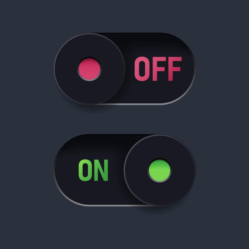 ilustración vectorial realista del botón deslizante. Botón de encendido y apagado para la interfaz de usuario de la aplicación y el teléfono inteligente. botón deslizante en tema oscuro. vector