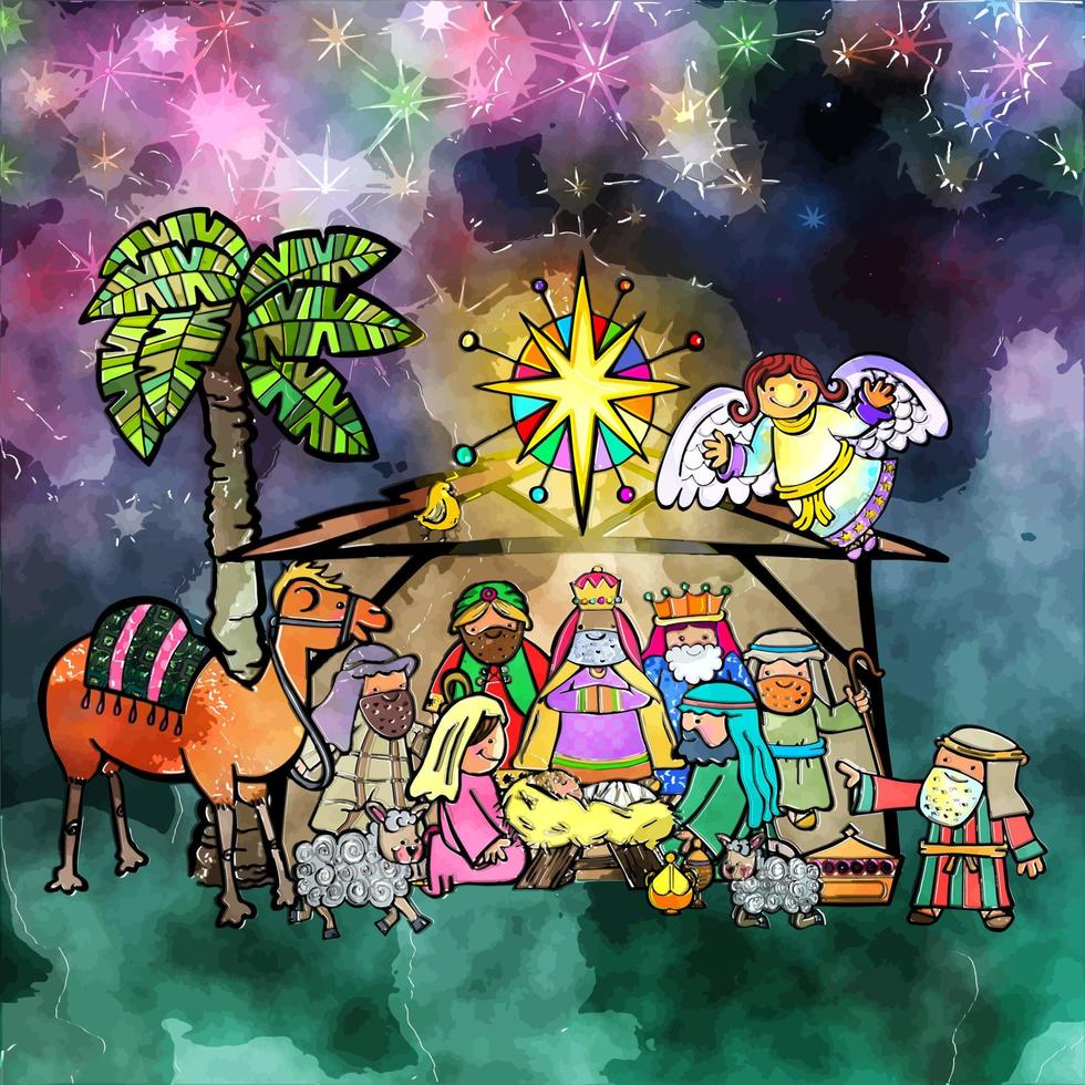 Christmas Nativity Watercolor Doodle Scene vector
