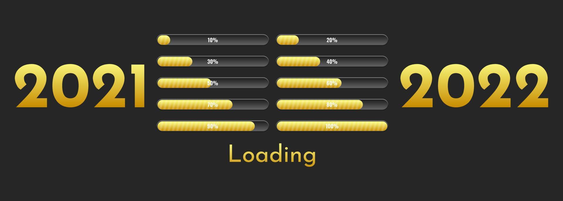 New Year 2022 concept with gold progress bar set loaded on a black screen vector