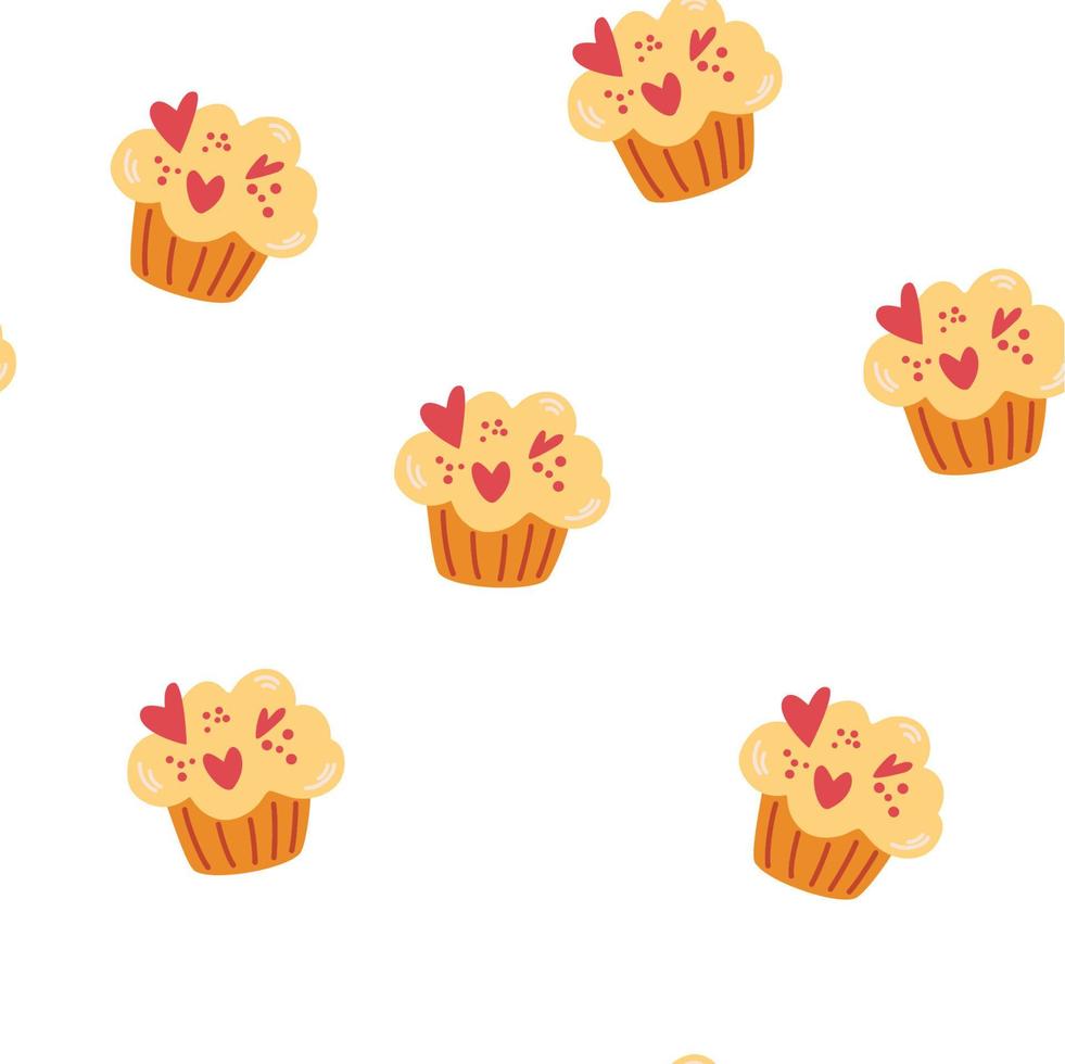 muffins de patrones sin fisuras. Fondo de postre dulce. alimentos de panadería y pastelería. ideal para envolver papel, pancartas, textiles, papel tapiz. ilustración de dibujos animados de vector. vector