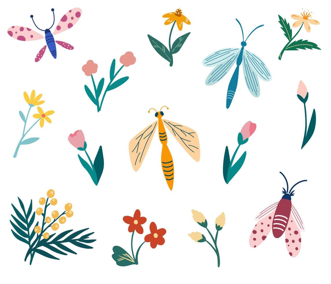 colección de insectos y flores. mariposas, libélulas, escarabajos y flores. paquete de elementos decorativos de diseño. tiempo de primavera. Ilustración de sorteo de mano de dibujos animados de vector. vector