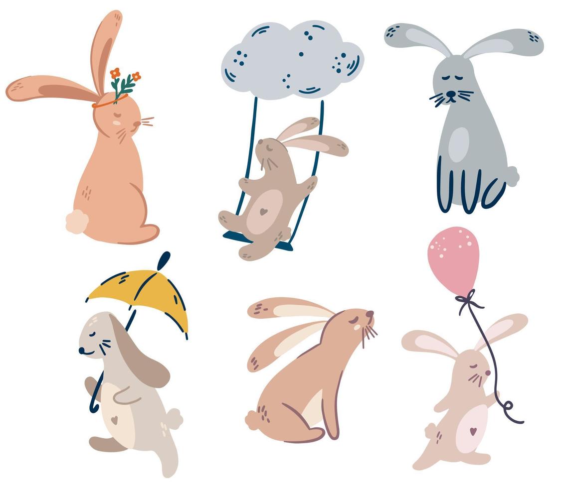 Bunnies set. Cute hand draw rabbits with clouds, balloons and flowers. Children Print. Vector cartoon illustration isolated on white background.