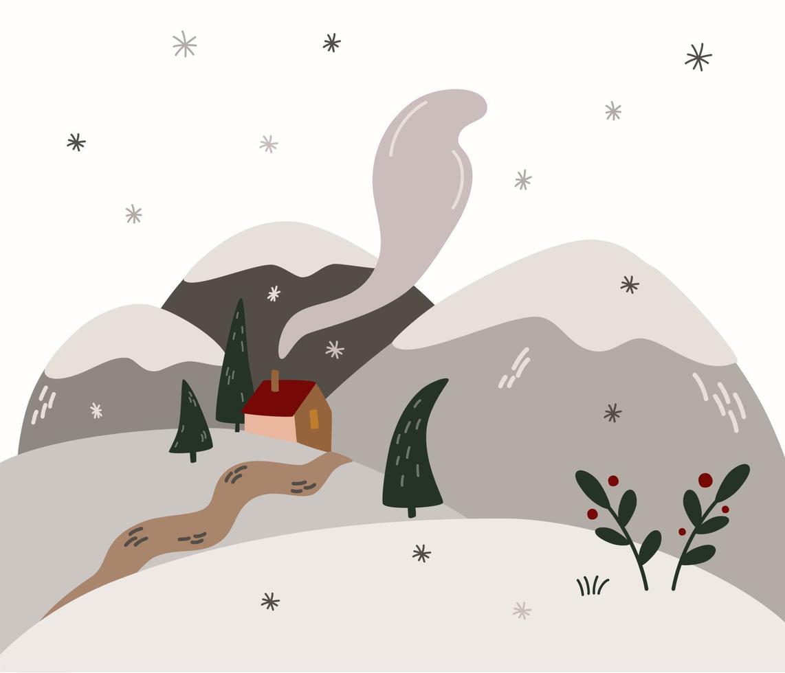 paisaje de invierno con montañas. Ilustración de vector lindo de la Navidad, paisaje de invierno de año nuevo con casa, montañas y árboles.