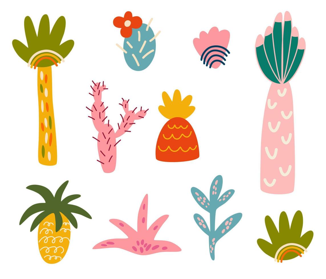 Palm trees and cacti set. Tropical plants. Modern abstract design in cartoon style. Vector hand draw illustration isolated on the white background.