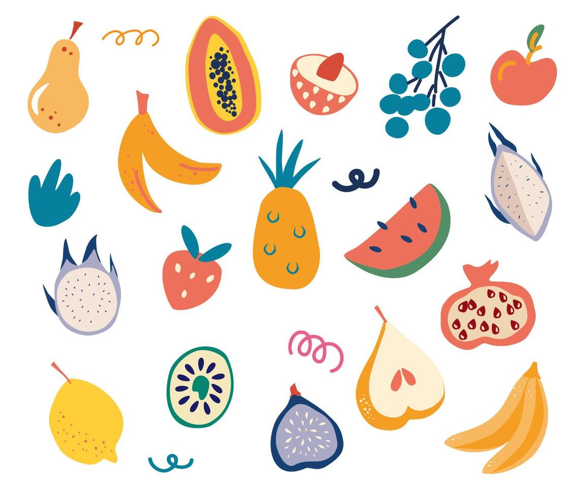 set de frutas. plátanos, manzanas, peras, naranjas, limones, fresas, papaya y otros. colección de diversas frutas maduras y jugosas de verano. comida sana. vector mano dibujar ilustración.